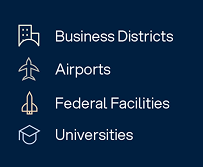 Icon list highlighting business districts, airports, federal facilities, and universities on dark blue background