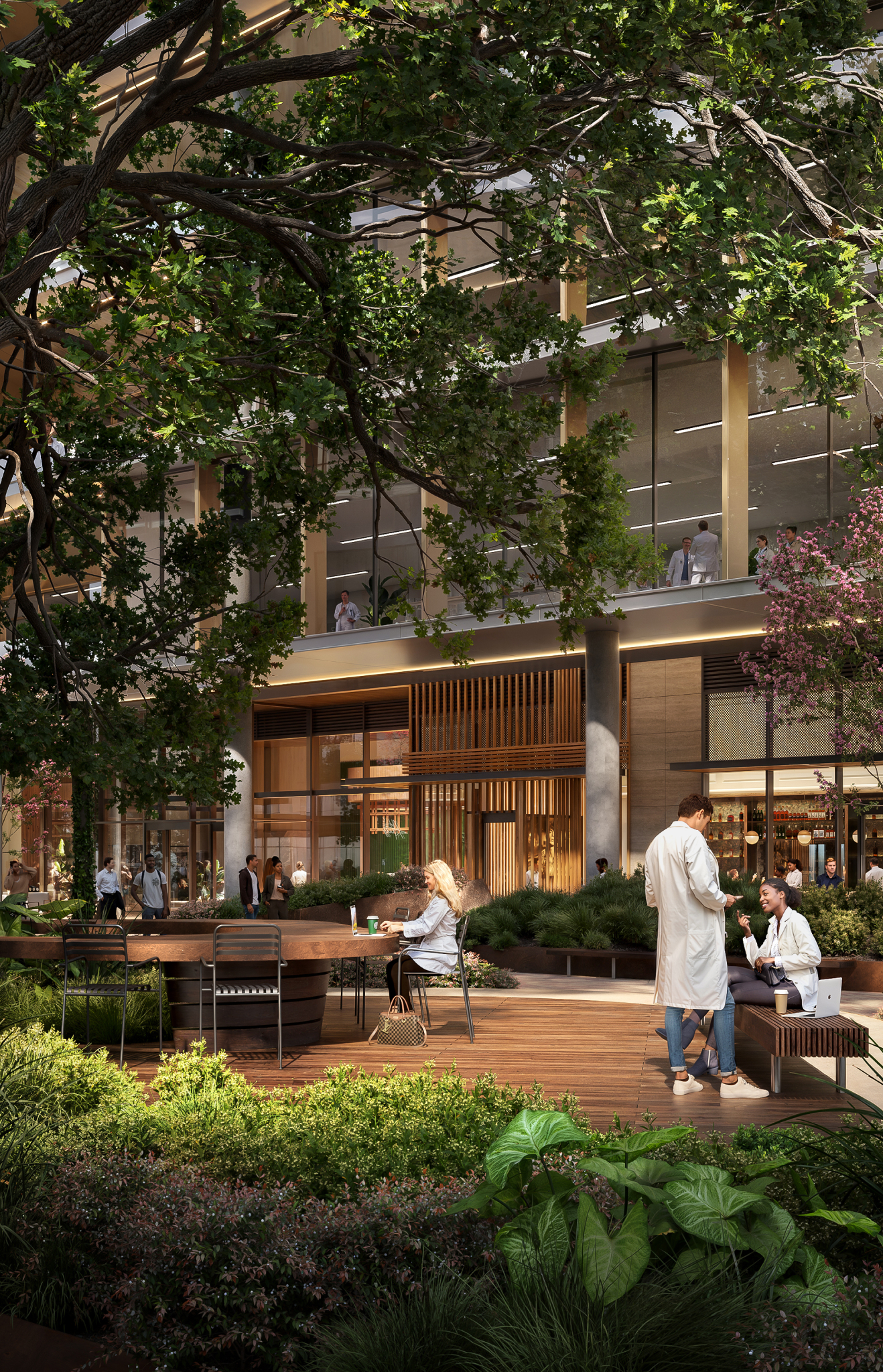 Lively courtyard featuring greenery, wooden deck seating, and professionals engaging in conversation