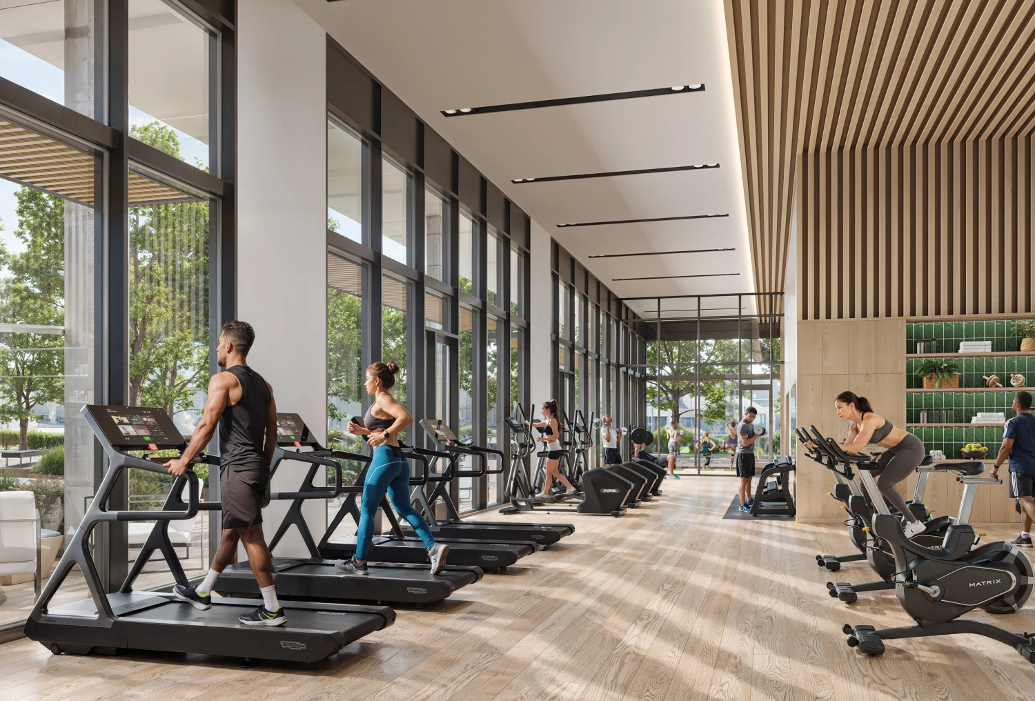 Gym members working out in natural light-filled facility featuring wood accents and equipment