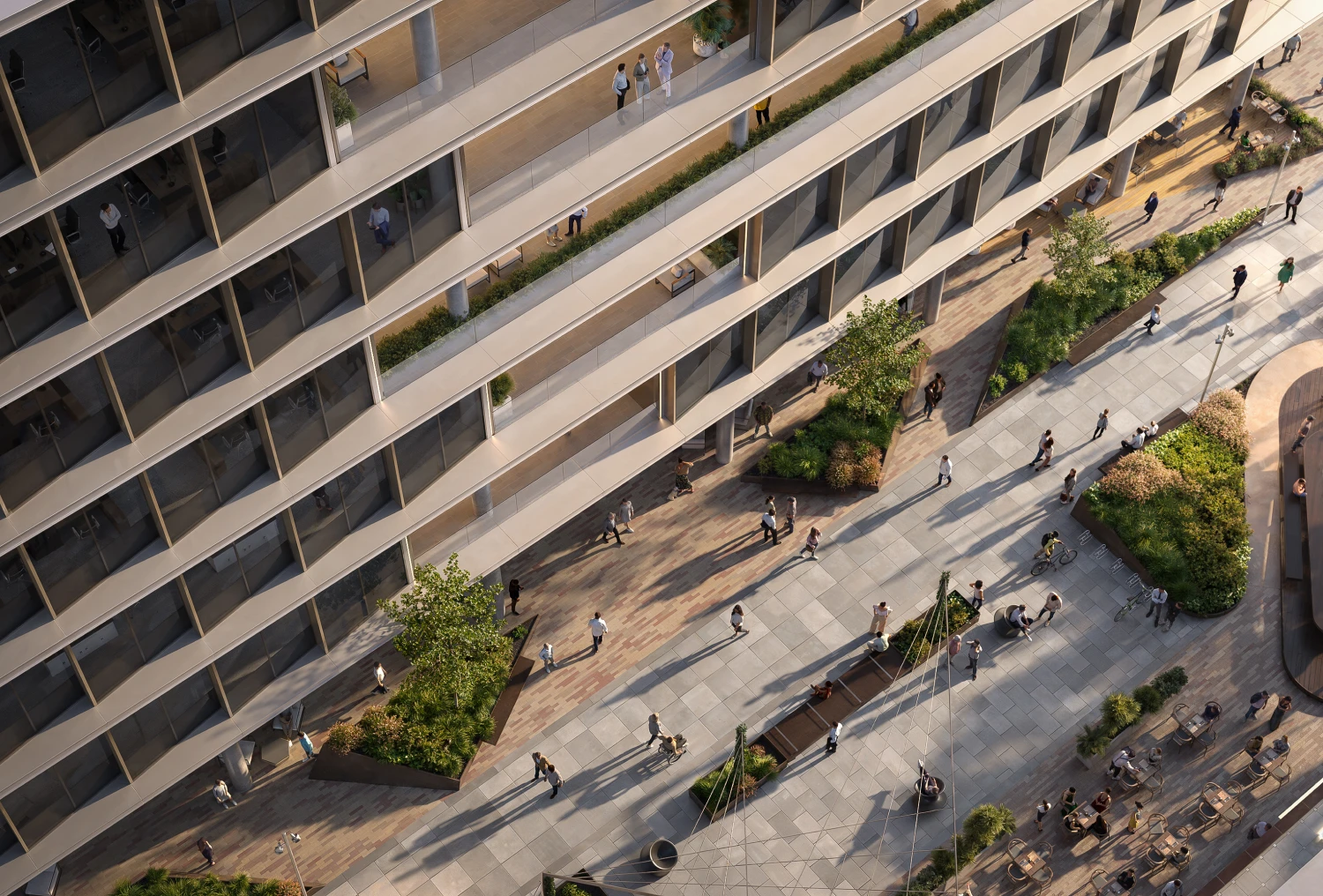 Overhead view of The ARC plaza with pedestrians walking through landscaped urban pathways