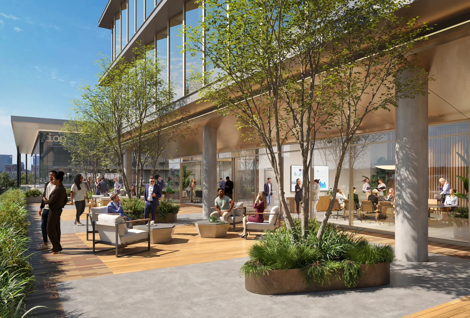 Modern outdoor meeting plaza with seating, greenery, and professionals networking in natural daylight